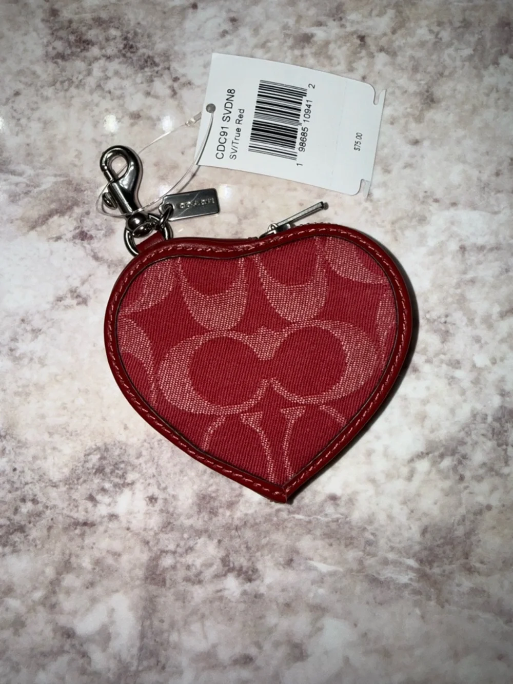 Coach Heart Zip Pouch Keyring in True Red - Picture 2 of 4